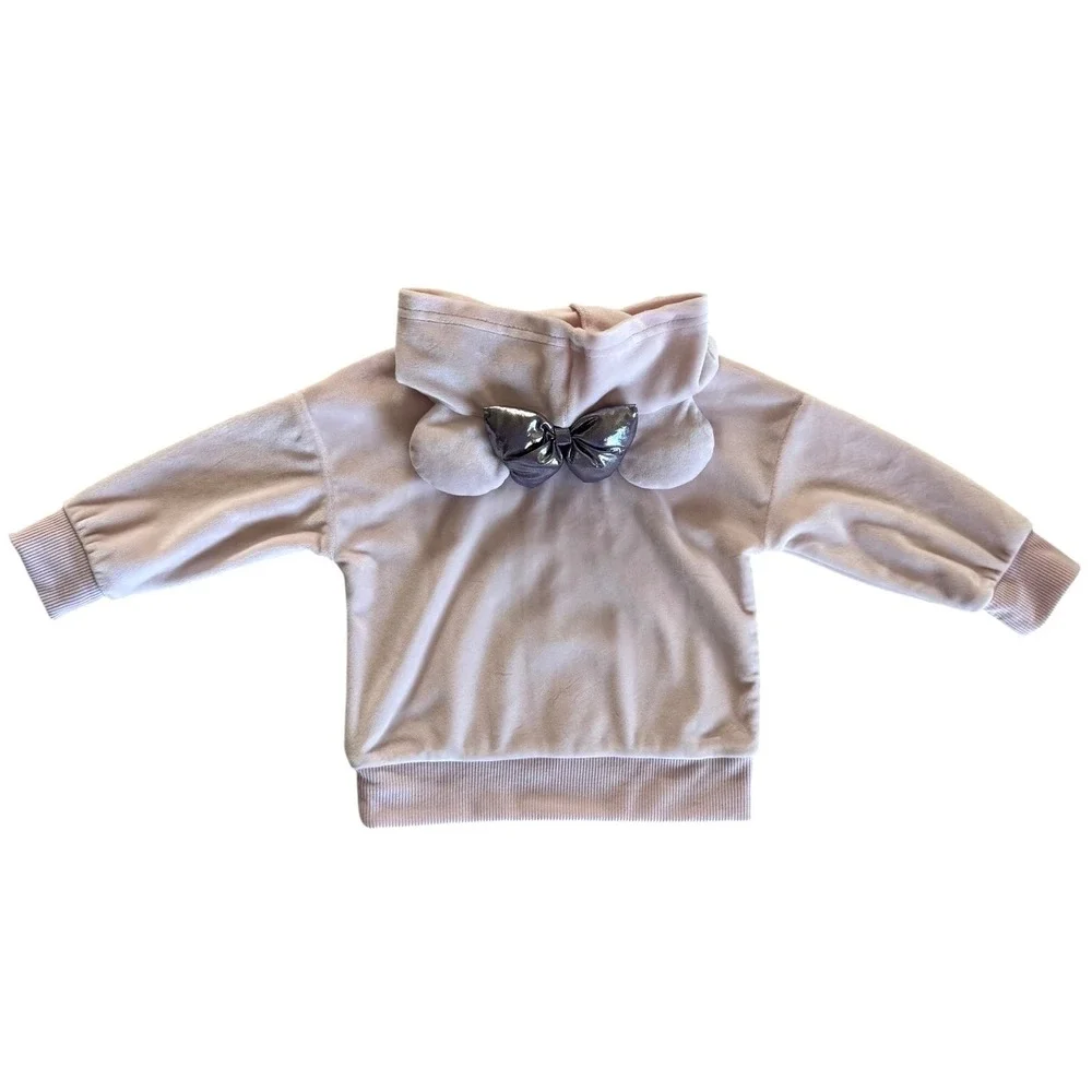 Disney Minnie Mouse Pink Velour Hoodie 3D Ears Metallic‎ Bow Baby Girl 18M